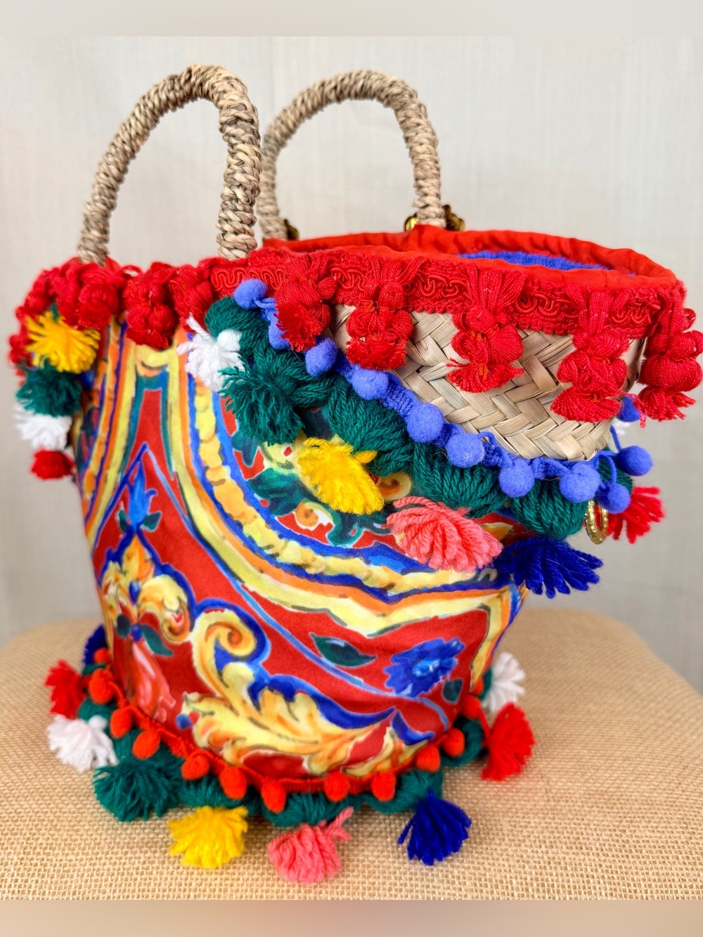 Italy Boho Pom-Pom Hand Made Straw Italian Designer Style Tote Bag Multicolor - Picture 9 of 11